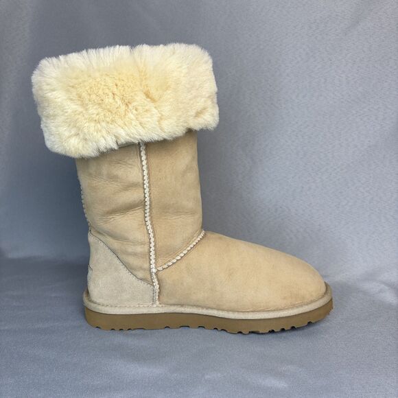 Womens UGG Boots Sz 7 Classic Tall Sand Sheepskin Suede Wool Boho Festival $220 - Picture 13 of 15